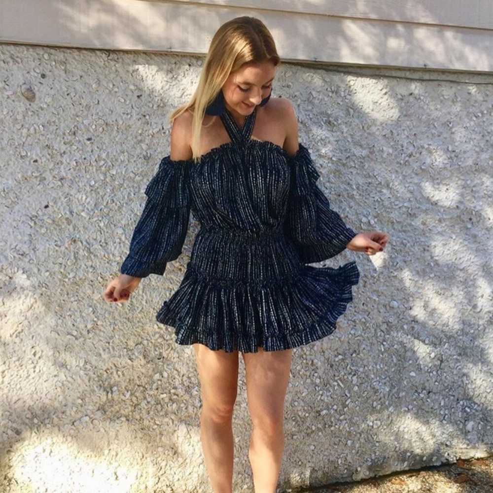 MISA Indie Off the Shoulder Dress XS Blue/White